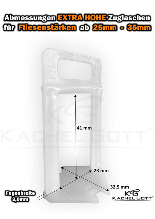 500 EXTRA HIGH tile leveling spacers for tile thicknesses from 25mm to 35mm - TILE GOD® - Joint width 3mm - Levelling spacers - Wedges - Pliers customized individually (500 EXTRA HIGH tile leveling spacers 3mm)