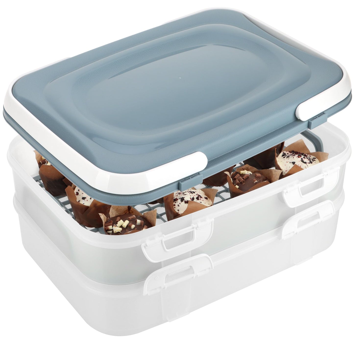 com-four® Party container with 2 levels and lifting insert - cake transport box - food freshness container - cake container with handles - muffin container (1 piece pastel blue-gray)