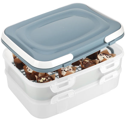 com-four® Party container with 2 levels and lifting insert - cake transport box - food freshness container - cake container with handles - muffin container (1 piece pastel blue-gray)
