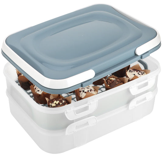 com-four® Party container with 2 levels and lifting insert - cake transport box - food freshness container - cake container with handles - muffin container (1 piece pastel blue-gray)