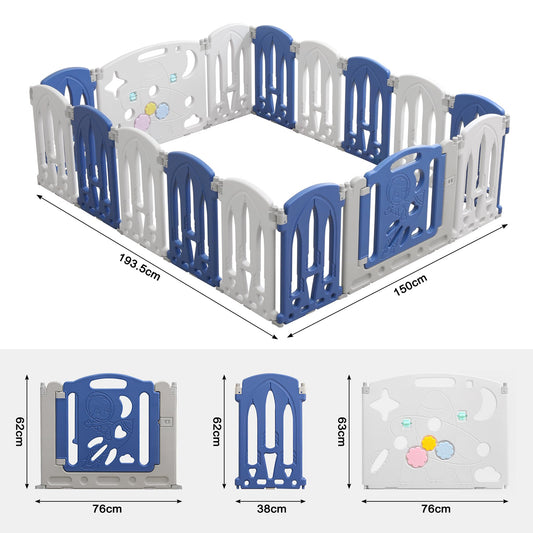 On9 Playpen Baby Playpen Foldable Baby Safety Gate with Door and Toy Board, 14+2 Panel Blue+White Baby Safety Gate, Plastic Playpen(14 Pieces)