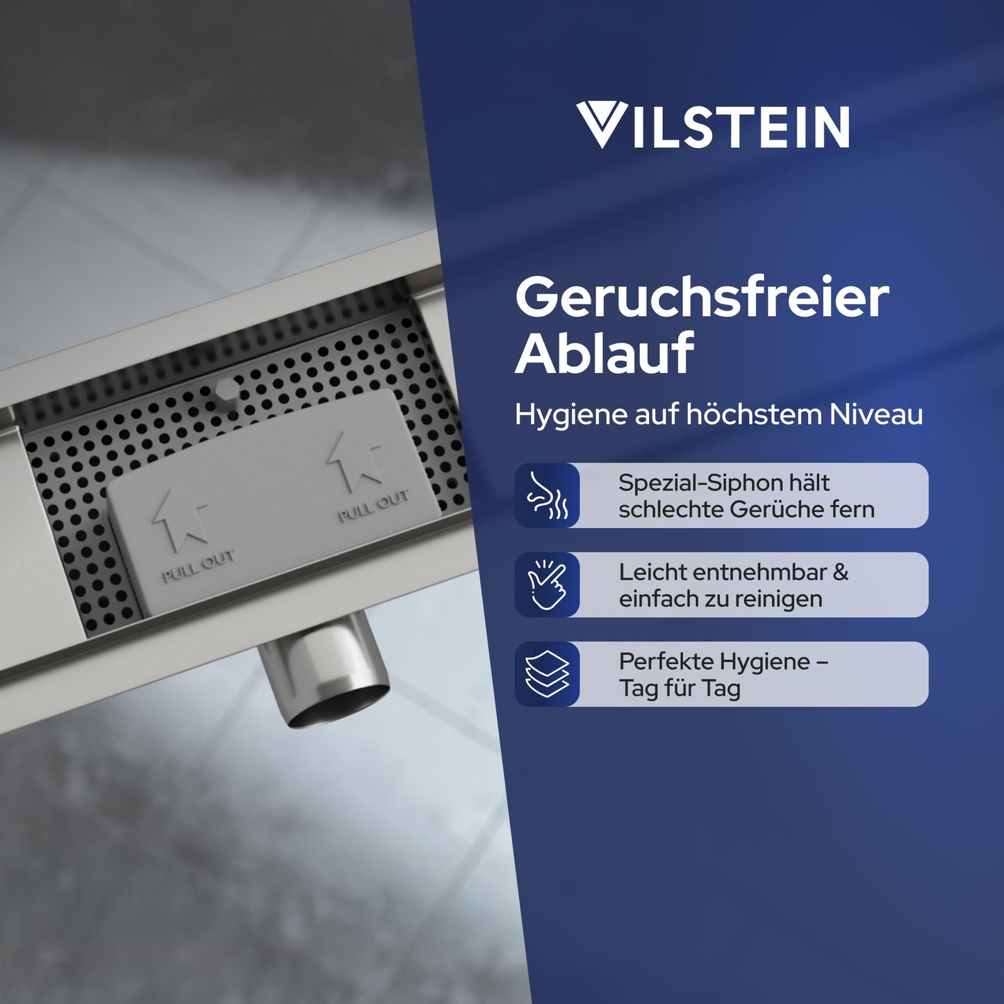 VILSTEIN Shower Drain 50cm, Stainless Steel Floor Drain Complete Set, extra flat, Siphon with odor trap, Hair Sieve - Wave