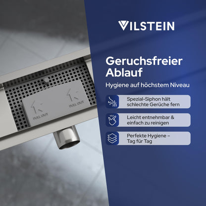 VILSTEIN Shower Drain 50cm, Stainless Steel Floor Drain Complete Set, extra flat, Siphon with odor trap, Hair Sieve - Wave