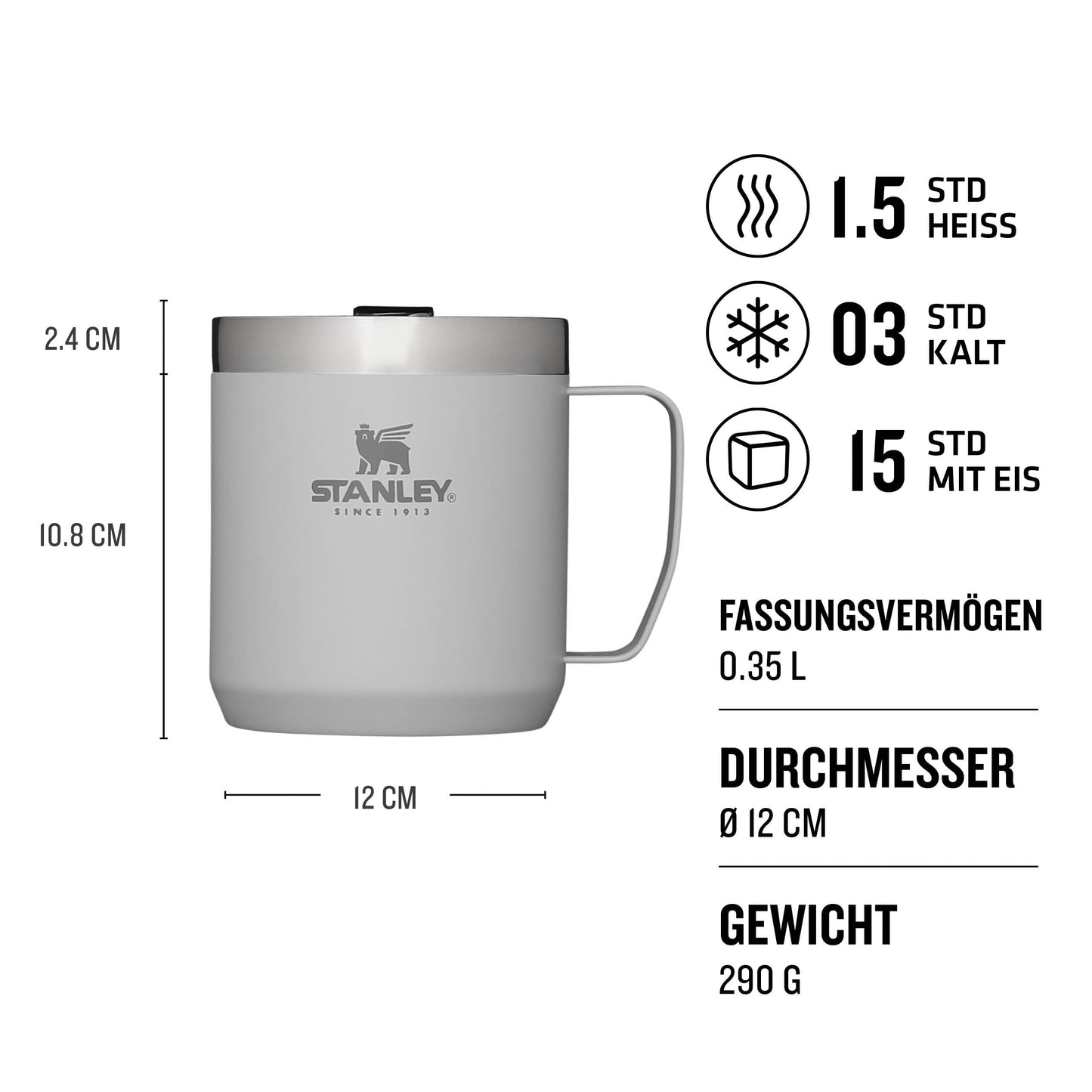Stanley Classic Legendary Camp Mug Thermos 12 oz - Keeps hot for 1.5 hours - Cold for 3 hours - BPA free - Dishwasher safe - Stainless steel travel coffee mug - Ash