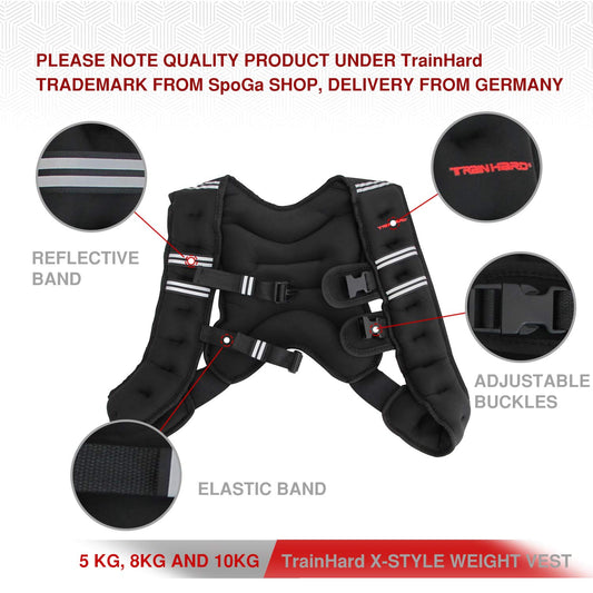 TrainHard 5 KG / 8 KG / 10 KG weight vest, X-Style running vest, training vest for strength training, running, fitness, cross training (8 KG)