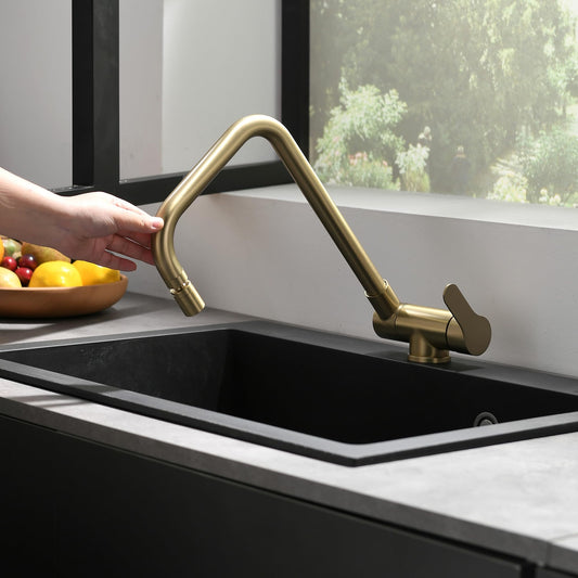 Pre-Window Kitchen Faucet, Brushed Gold Kitchen Faucet Folding, Foldable Single Lever Kitchen Mixer Tap With Cold and Hot Water Hoses.