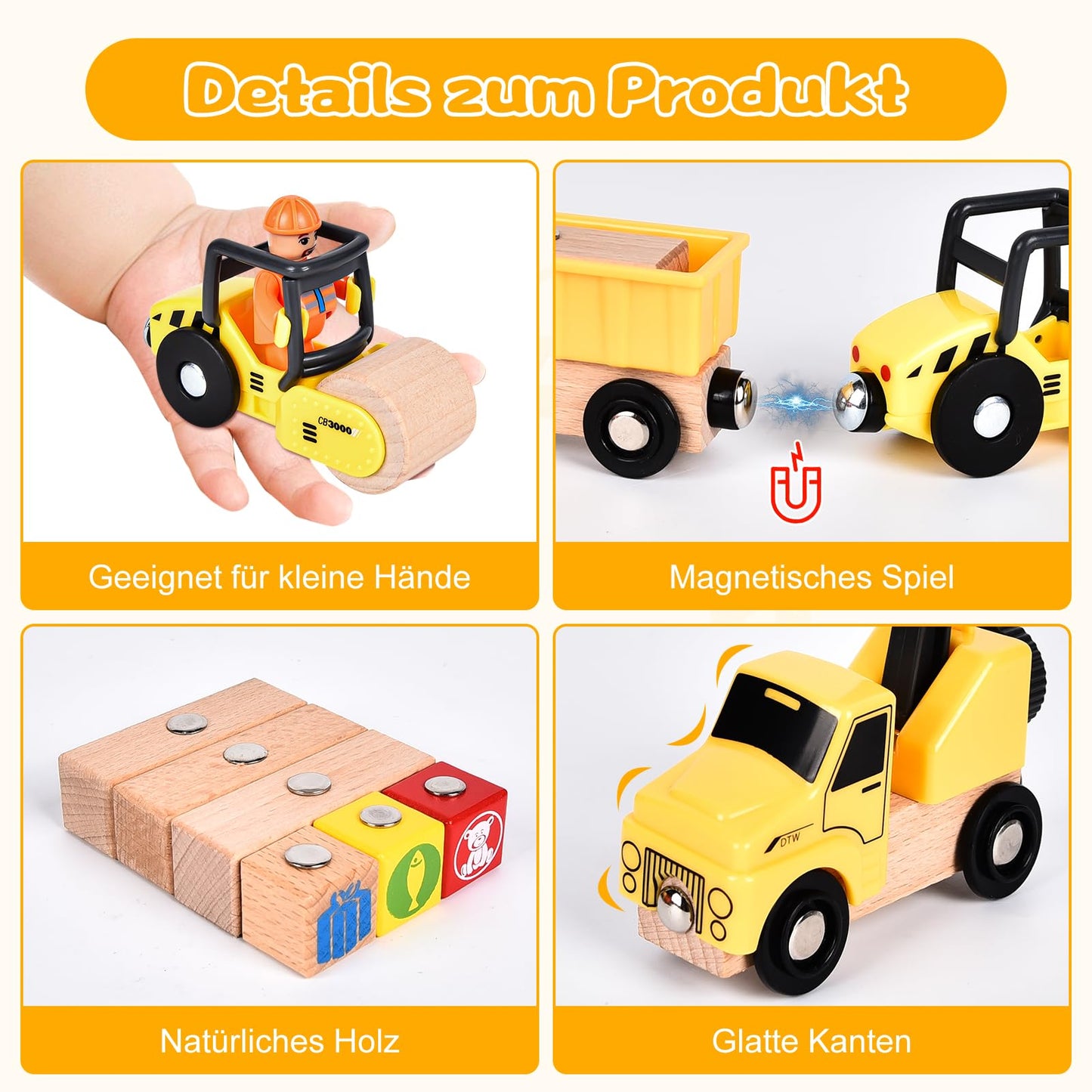 BuzzoXerex Construction Vehicles Children's Wooden Toy, Construction Vehicles Magnetic with Portal Crane, Excavator, Crane Truck, Dump Truck - Gift for 3+ Years