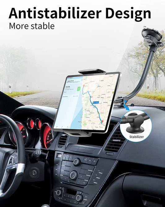 APPS2Car tablet holder for car, suitable for 7.9-11 inch tablets like iPad mini/9.7/10.2/10.5 and more. Features a 13" long arm, anti-vibration design, and 360 degree adjustability.