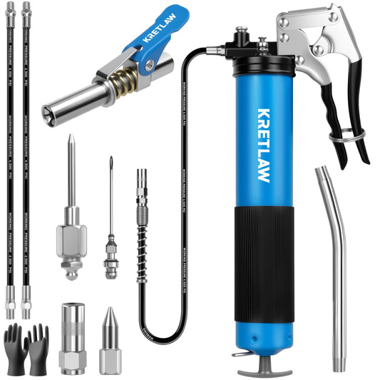 KRETLAW Grease Gun Set 10 Piece, Heavy Duty Grease Gun 7000 PSI with Pistol Grip, Quick Release Coupler and Flexible Hose for 400g Cartridges