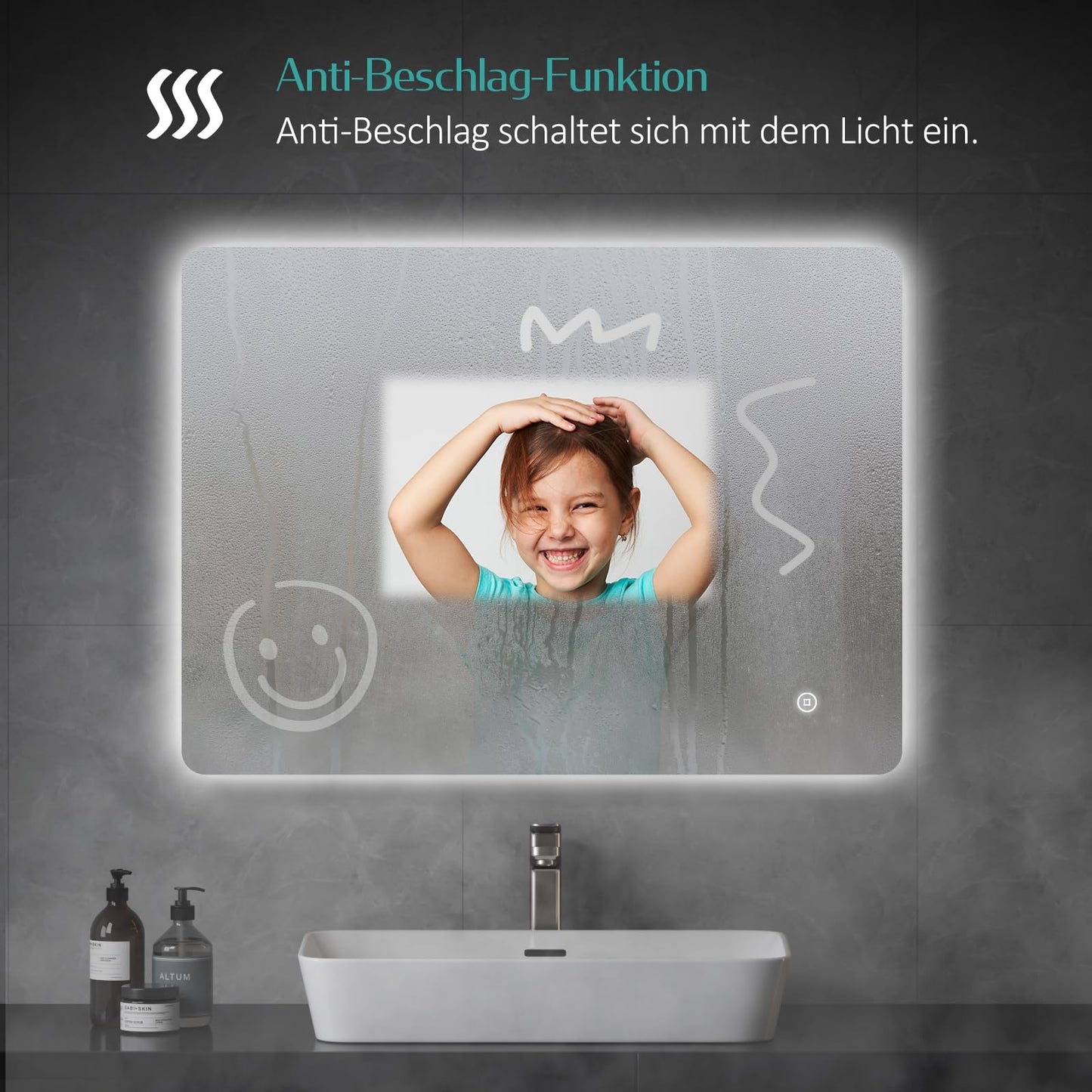 EMKE bathroom mirror with lighting 80x60cm with touch, anti-fog, adjustable brightness, memory function, cool white 6500K energy-saving bathroom mirror with lighting