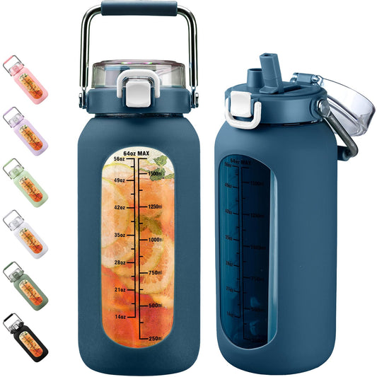BLUEGO 2000ml glass water bottle with stainless steel handle and time marking 2L drinking bottle borosilicate glass with silicone sleeve and straw for gym outdoor sports water bottles BPA free, dark blue