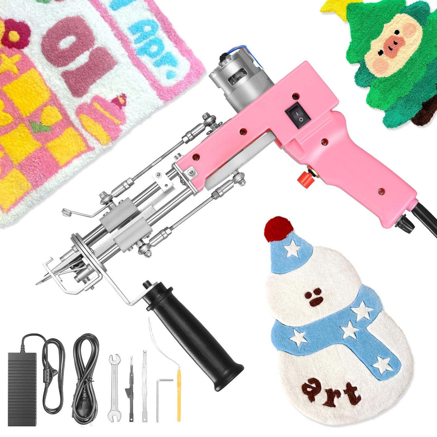 Aomdom Tufting Gun 2 in 1 Electric Tufting Gun with 5-40 steps/s speed and 7-21mm adjustable pile height. Ideal for crafting carpets or clothing in pink color.
