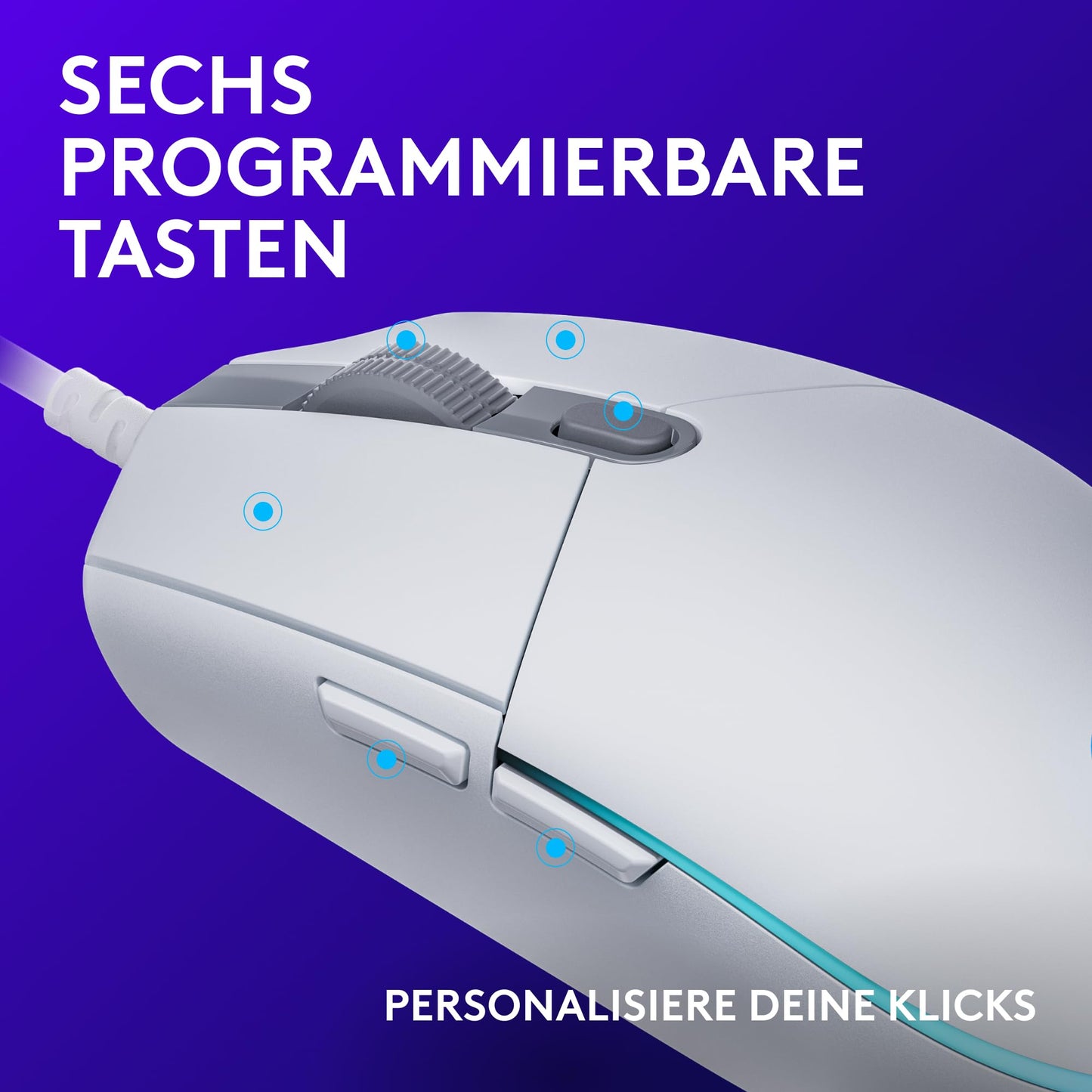 Logitech G203 Gaming Mouse with customizable LIGHTSYNC RGB lighting, 6 programmable buttons, gaming-grade sensor, 8,000 DPI tracking, Lightweight - White