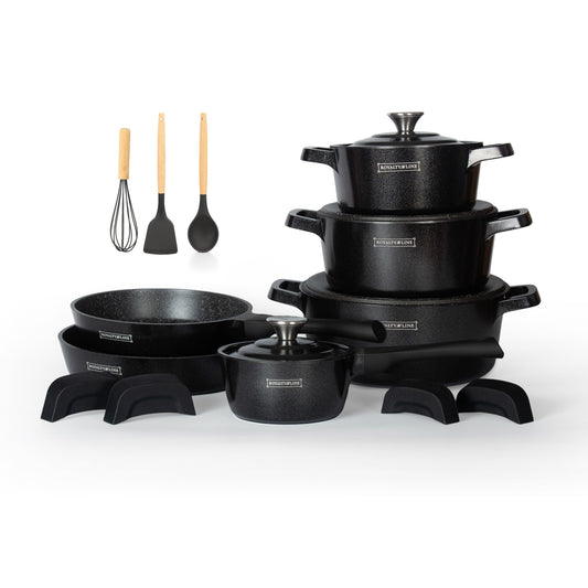 Royalty Line 17 Piece Pot Set in Black - Pot set suitable for induction - Pot and pan set with non-stick coating - Aluminum pan set with heat-resistant silicone handles - Pot set with lids