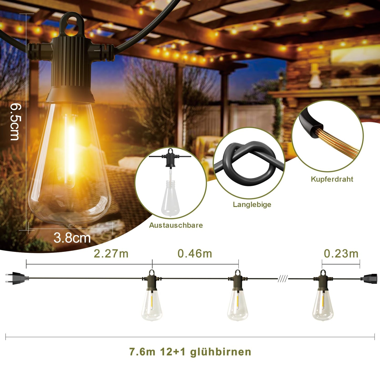 Kawaya outdoor string lights, 30m string lights LED with 50+2 ST38 bulbs, waterproof IP65 garden decoration string lights for patio, trees, wedding, party, festival, 2700K warm white.