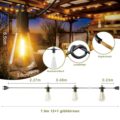 Kawaya outdoor string lights, 30m string lights LED with 50+2 ST38 bulbs, waterproof IP65 garden decoration string lights for patio, trees, wedding, party, festival, 2700K warm white.
