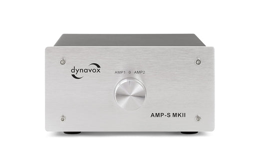Dynavox AMP-S MKII, amplifier and speaker switcher in metal housing, for stereo and surround amplifiers, connection via banana plugs or clamp terminals, silver.