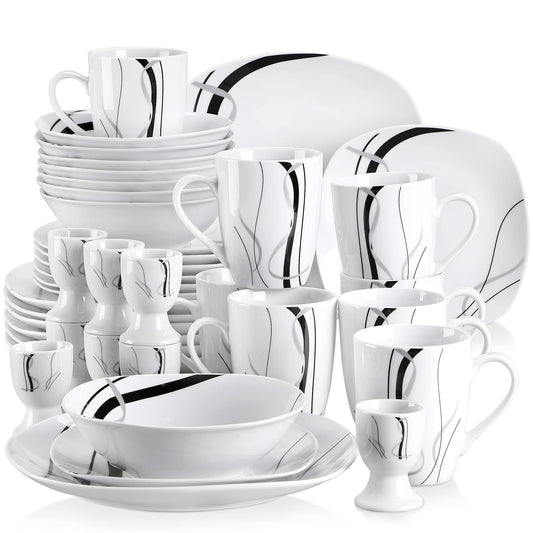 VEWEET porcelain tableware 'Fiona', 40 pieces | Set includes dinner plates, dessert plates, soup bowls, coffee cups, and egg cups | Service for 4-12 people