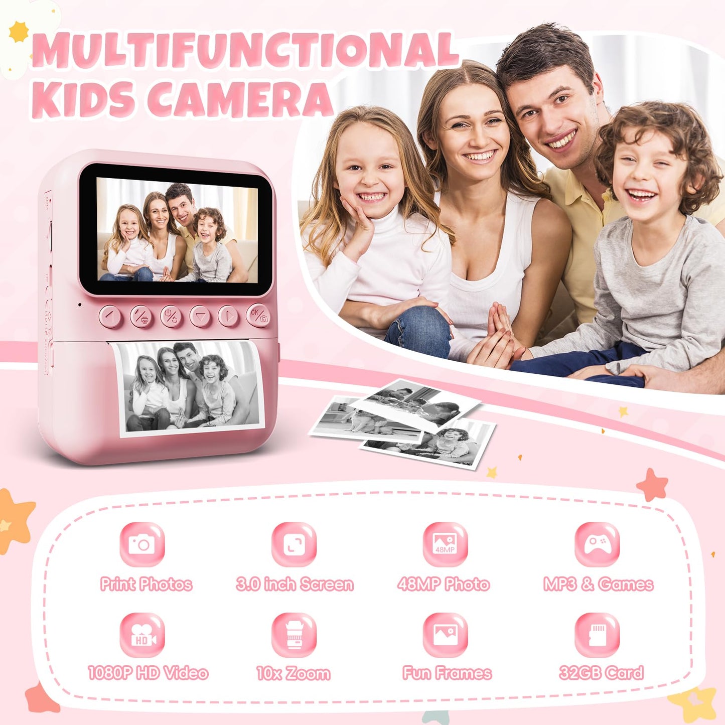 CalineGam instant camera for kids, 3.0 inch screen 48MP children's camera instant camera with 32GB card, 1080P HD camera kids instant print, gift for 3-12 boys and girls (pink)