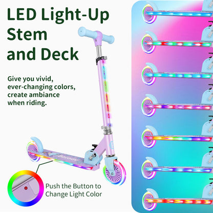 BELEEV V2 Kids Scooter, 6 years old, upgraded with LED light-up wheels, handlebar and deck, adjustable height, rear brake, foldable for kids 4 years old girls boys, for 3-12 years old.