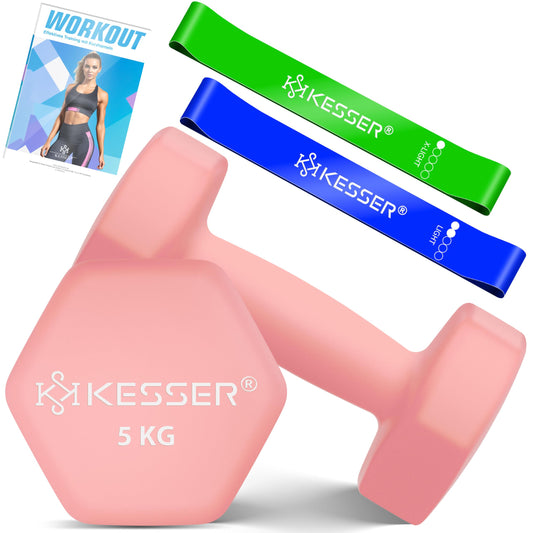KESSER® Dumbbells Dumbbell Set 2 pieces 2kg - 5kg colored, Dumbbells Neoprene, Hexagon, Strength Training, Workout, Fitness Training, for Home With Exercise Booklet, 2x Fitness Bands