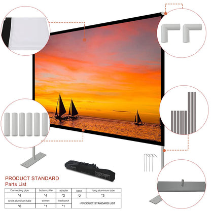 Projection screen with stand 100 inch HD 4K Outdoor Indoor Projector Screen Quick Folding Portable Movie Screen 16:9 Full Set Bag for Home Cinema, Camping, and leisure events