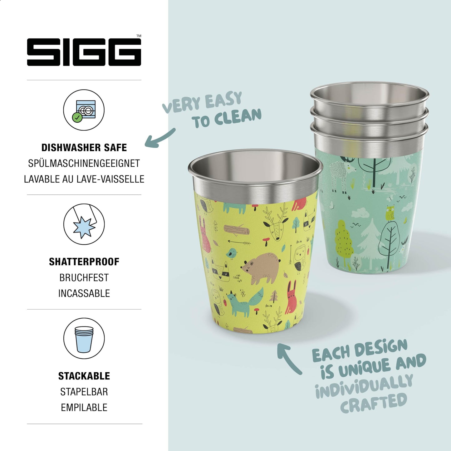 SIGG Children's Cup Set (4 x 0.35 L), drinking cups for kids in 4 colorful designs for boys and girls, practical stainless steel cups for home and on the go.