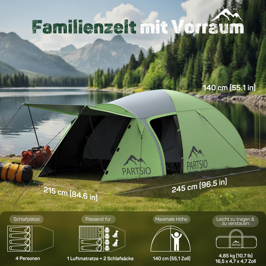 Partsio camping tent with vestibule tent 2-4 people Waterproof 4000mm dome tent Vestibule Detachable for trekking & festival Family camping trip Trekking garden Living space volume: 7.2 m³