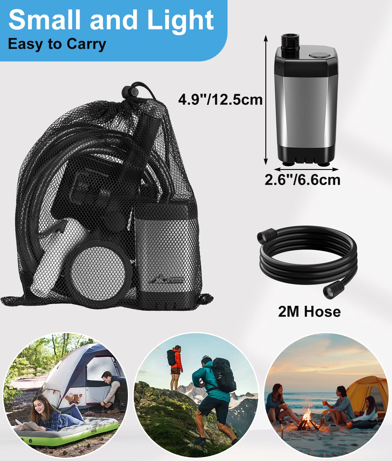 WADEO Portable Camping Shower Battery with Pump, Camping Shower with rechargeable 6000mAh battery, Mobile showers with shower head, for camping travel garden hiking car washing (Silver Gray, Type C)