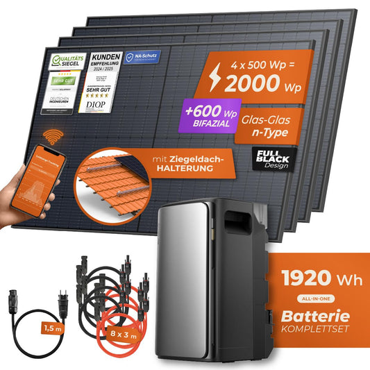 Solarway® 2000Wp / 800W balcony power plant with 1.9kWh storage outlet - 1.9 kWh EcoFlow STREAM Ultra - Complete solar system set - 500W solar modules & EcoFlow storage & accessories