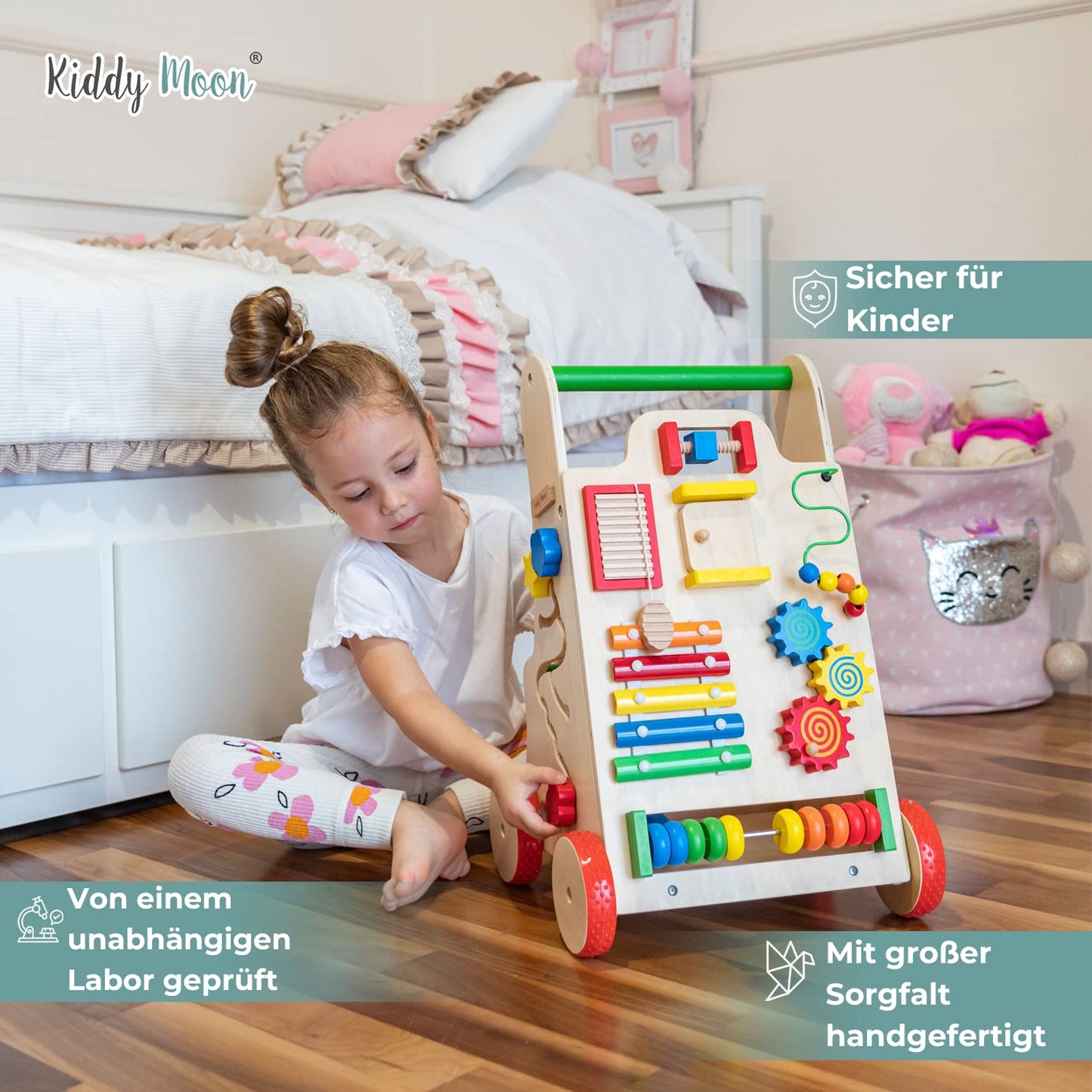 KiddyMoon wooden baby walker for kids, walking aid fun for babies, learning to walk, multifunctional wooden toy for toddlers Montessori toy WK-001, black - white.