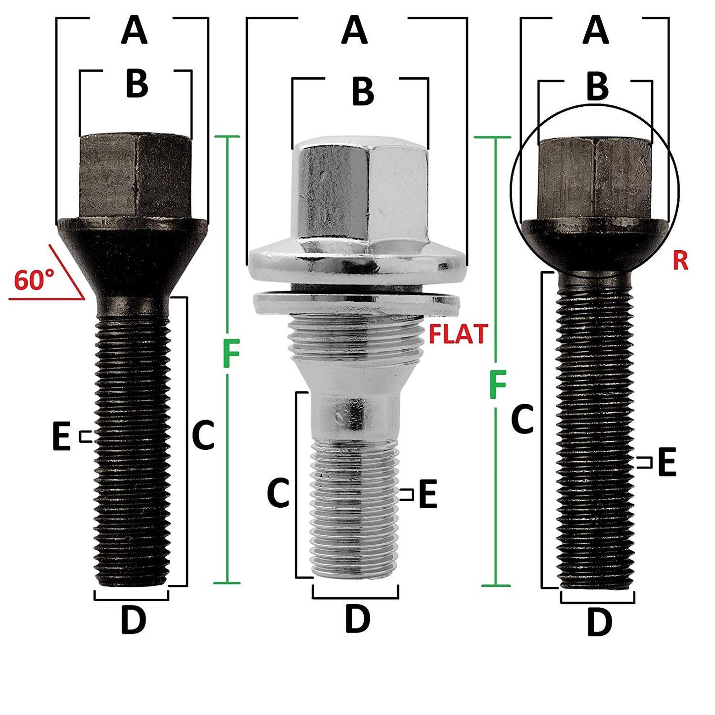 20 wheel bolts M14x1.5x45mm BLACK ball seat for R14 alloy wheels.