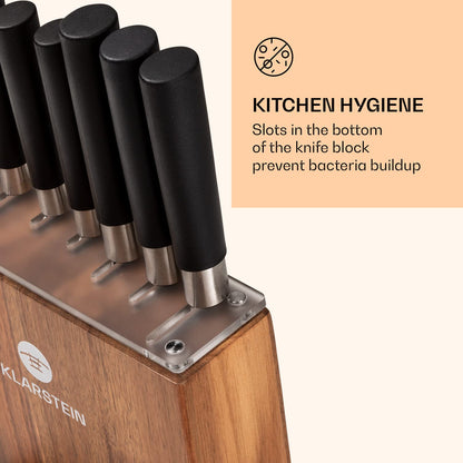 Klarstein knife block with 7-piece set, 7 kitchen knives & wooden block, sharp steel, scratch-resistant, Japanese-inspired knife set with block for professional chefs.