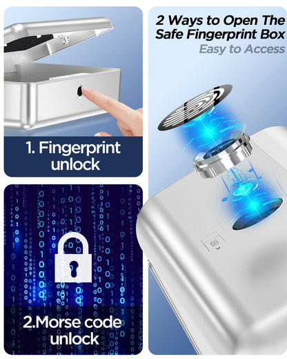 AICase safe with biometric fingerprint recognition for on-the-go and at home, Portable security box with fingerprint and morse code; Cash box, Safe Deposit Box; Silver