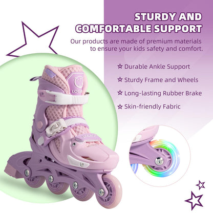 Locavun Kids Inline Skates 4 Sizes Adjustable Inline Skates for Girls Size 26-29 29-34 30-35 Inline skates with 82A PU wheels Rollerskates.