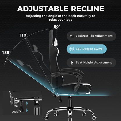 GTPLAYER fabric gaming chair, office chair with massage gaming armchair ergonomic gamer chair with footrest, headrest massage lumbar cushion, padded gaming chair, swivel chair, white
