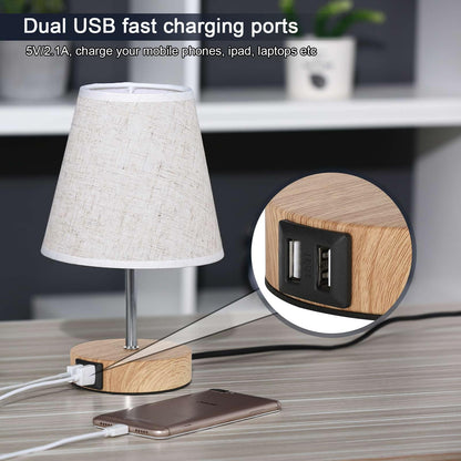 Lightess 2-pack bedside lamp touch dimmable table lamps USB LED desk lamps modern vintage with wood base retro fabric shade with E14 bulb warm white for living room bedroom table, beige