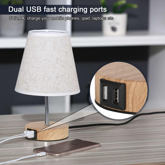 Lightess 2-pack bedside lamp touch dimmable table lamps USB LED desk lamps modern vintage with wood base retro fabric shade with E14 bulb warm white for living room bedroom table, beige