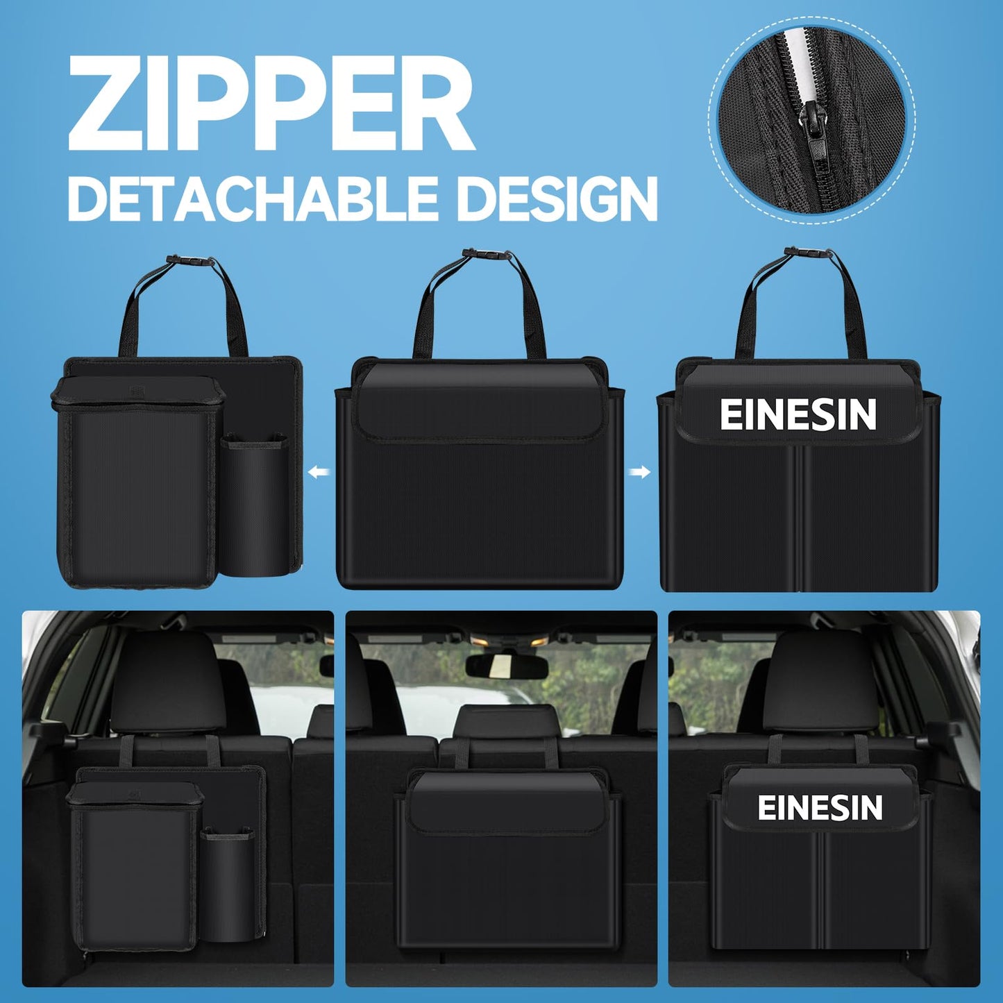 One in-car trunk organizer, car storage bag with Velcro trunk pockets foldable, removable storage modules with built-in cooler (black)