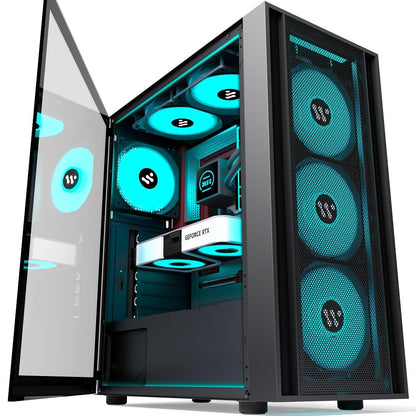 KEDIER's PC case, pre-installed with 3 black case fans, ATX Mid Tower, gaming case with tempered glass opening, side panel, mesh computer case, black (H3) (H05-X60F)