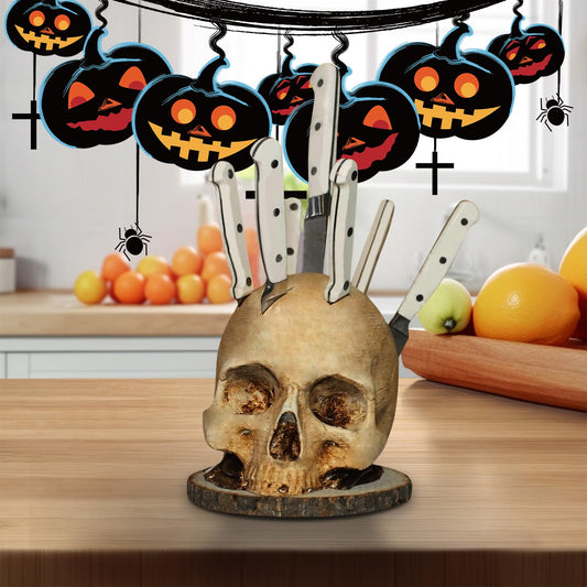 FOGARI Kitchen Skull Knife Rack, Horror kitchen storage head rack, skull decoration, safe and space-saving, horror party knife storage rack decoration.
