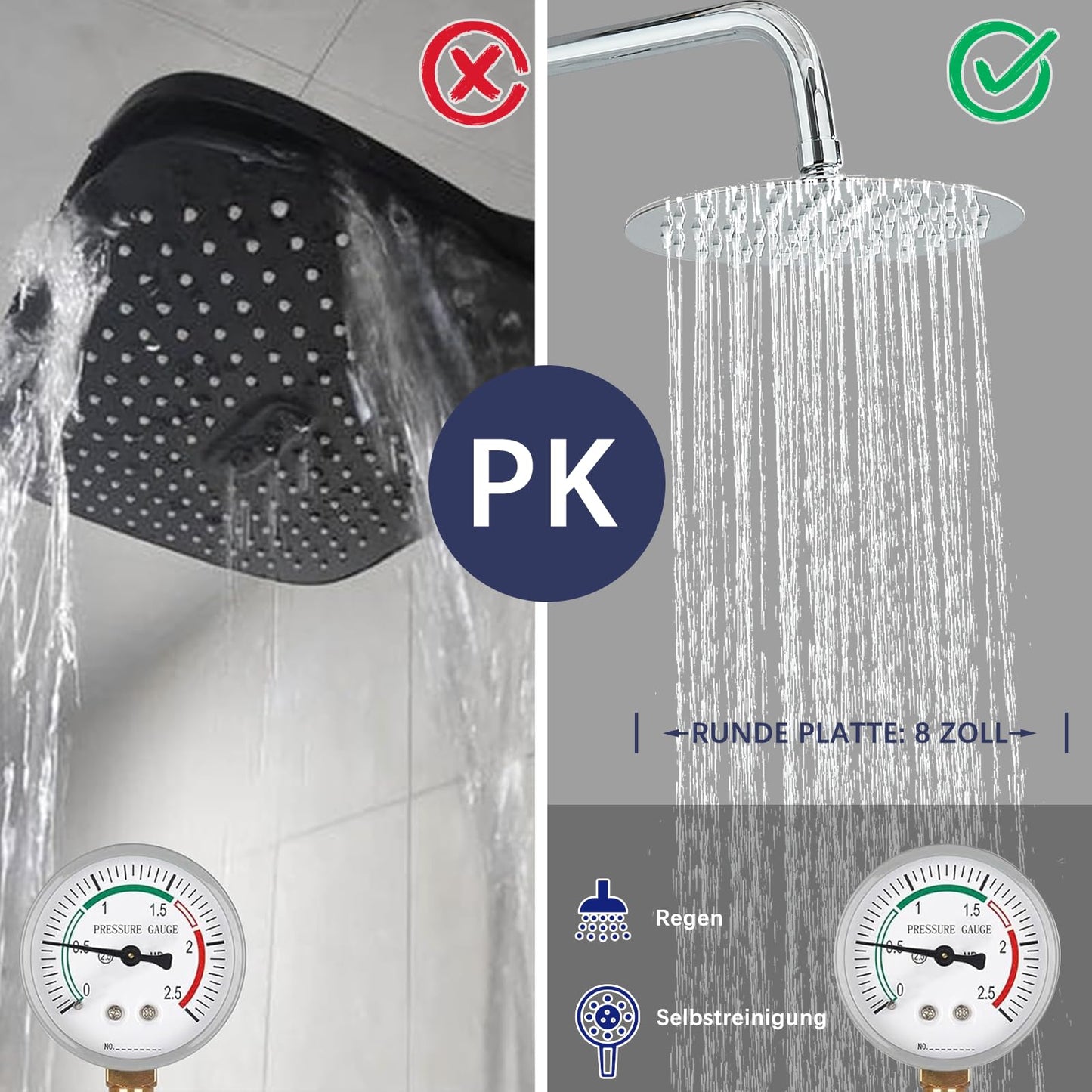 Hevenaov shower system without faucet in chrome, rain shower head without faucet, stainless steel shower set without faucet, 20 cm round rain shower.