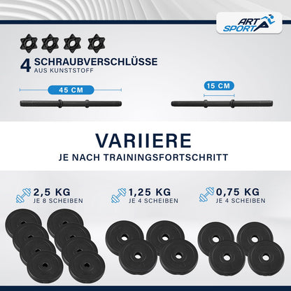 ArtSport 2er dumbbell set 30kg - dumbbell set with 2 dumbbells, 16 weight plates, and star locks - strength training dumbbell set dumbbell