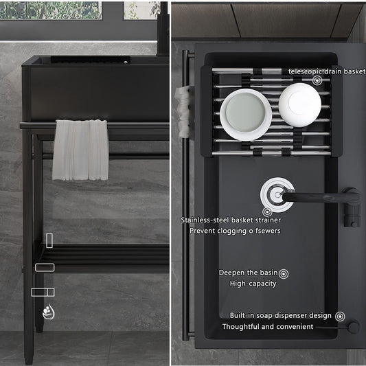 Stainless Steel Standalone Kitchen Sink in Black, with Drainboard for Kitchen Utensils. Great for Kitchen Organization and Storage. Size: 60"