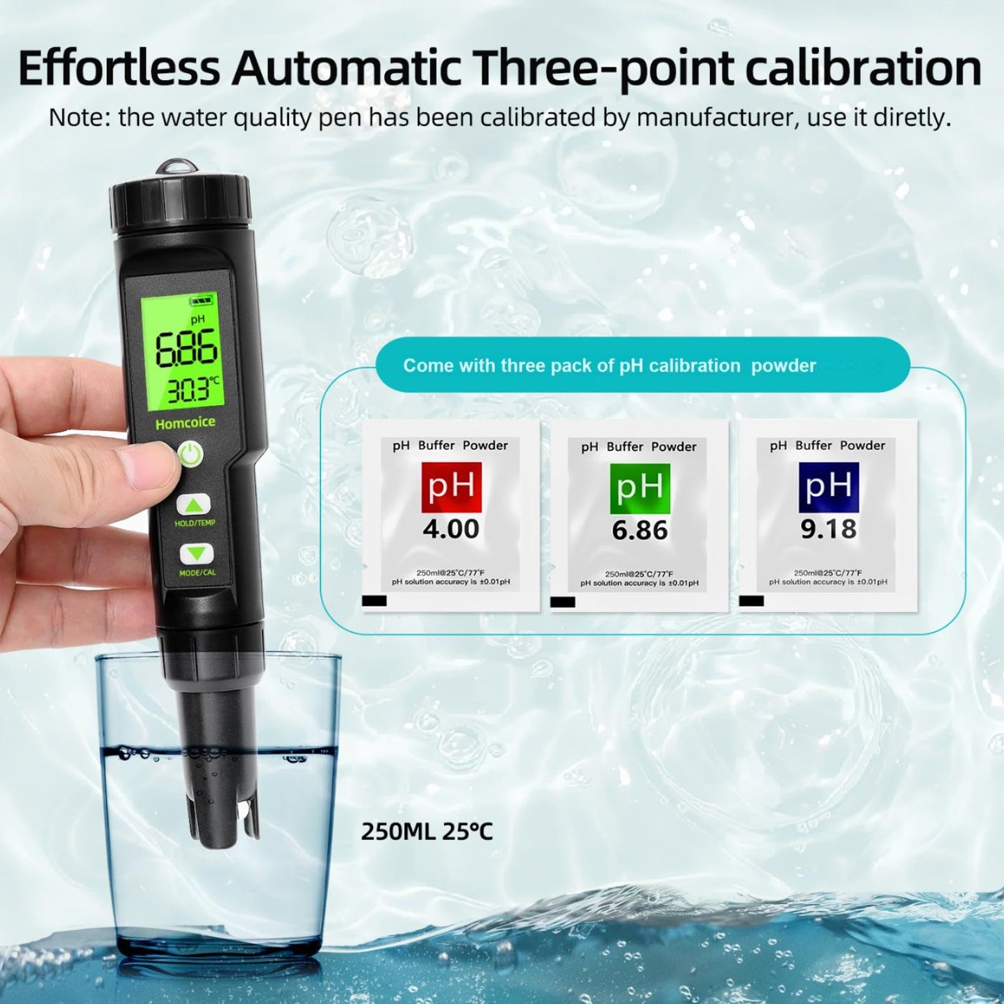 Homcoice 5 in 1 pH meter TDS EC SALT Temperature pH Value meter IP67 waterproof, Pool pH Tester 0.01 high-precision digital water tester Drinking water with ATC function