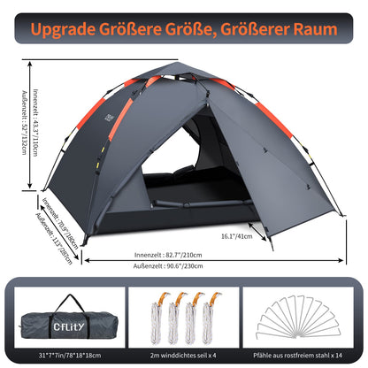 Cflity Camping Tent, 3 Person Instant Pop Up Waterproof Three Layer Automatic Dome Tent, Large 4 Season Tent with Rain-Fly 2 Expandable Porch