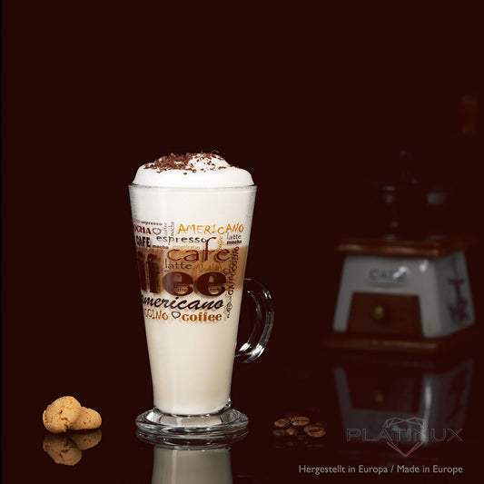 PLATINUX Coffee Glasses with design max. 280ml Set of 6 made of glass Latte Macchiato Glasses with handle Cappuccino Glasses