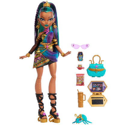 Monster High Nefera De Nile doll, royal mummy in dress with pet scarab Lavish and 7 accessories such as handbag, laptop, sunglasses, drink, and snacks, JDR48.