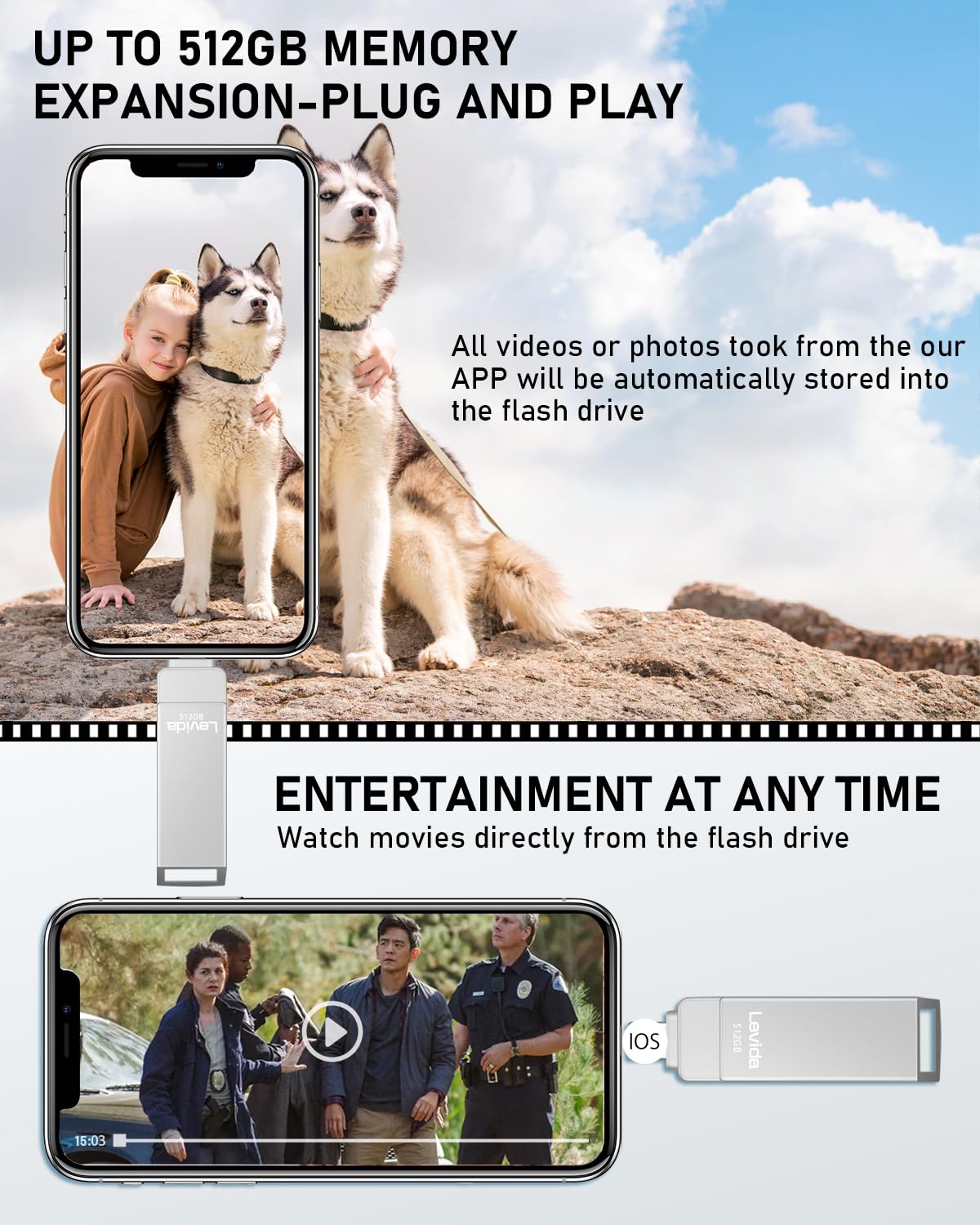 USB Stick 512GB, Levida memory stick USB 3.0 photo stick (mobile storage, rotating design, automatic backup) for iOS, Phone, Android phone, tablet, laptop, and computer, PC, silver
