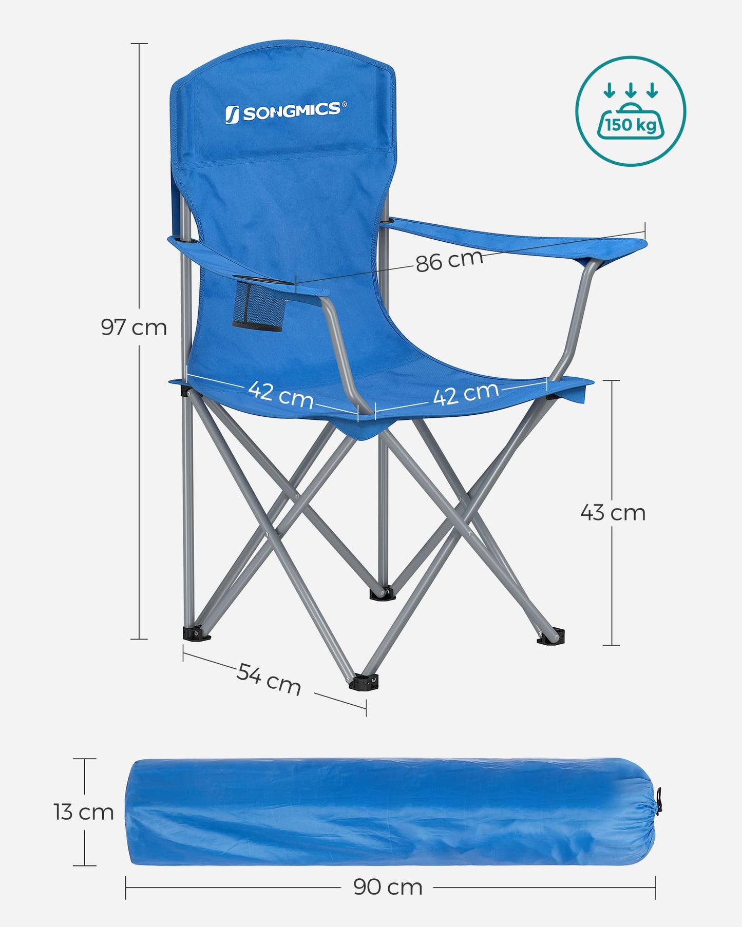 SONGMICS 2-Pack Camping Chairs, Foldable Outdoor Chairs, Fishing Chairs, High Backrest, Armrests, Cup Holder, Supports up to 150 kg, Portable for Camping, Garden, Patio, Blue GCB08BU